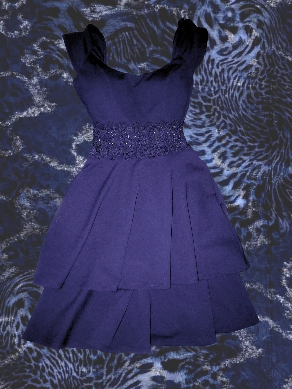 B Darlin Navy Blue Tiered Cocktail Dress with Beaded Waist